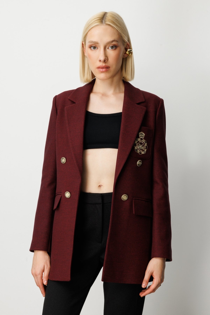 Ekol Kadın Önü Armalı Kapak Cepli Kaşe Ceket 5071 Bordo Bordo