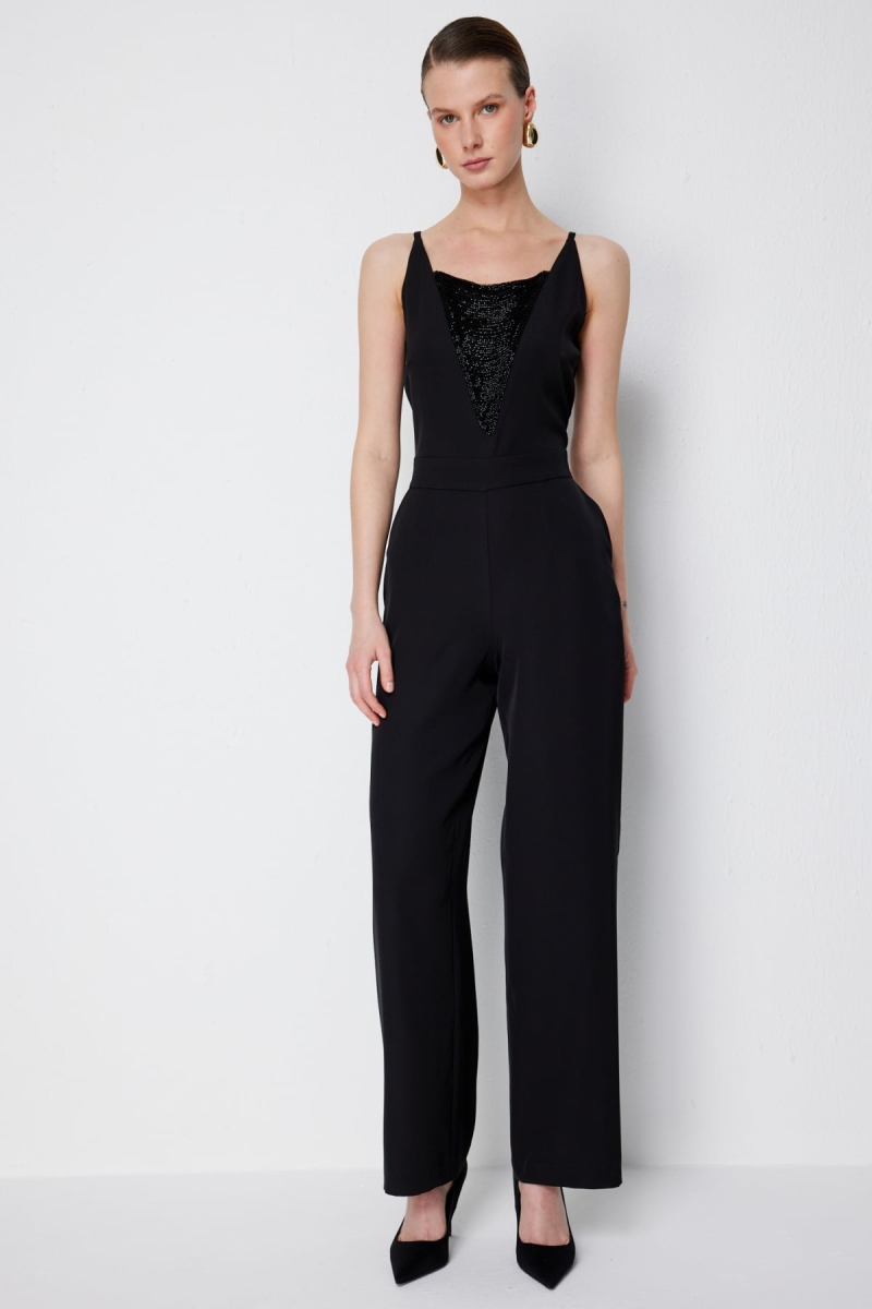 Ekol Kadın Önü Boncuk İşlemeli Askılı Tulum 6446 Siyah Siyah