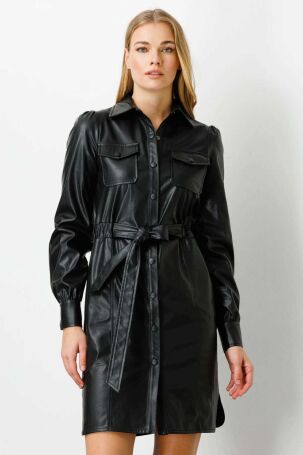 Ekol Kadın Önü Çıtçıtlı Deri Elbise 5017 Siyah Siyah