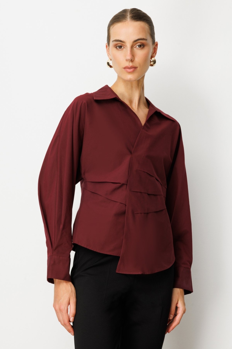 Ekol Kadın Önü Drapeli Kruvaze Gömlek 3043 Bordo Bordo