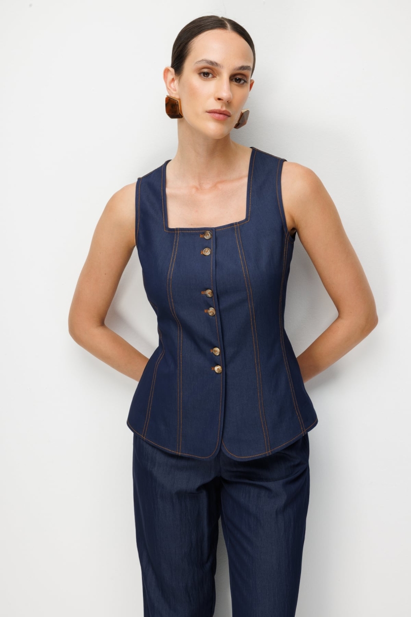 Ekol Kadın Önü Düğmeli Kare Yaka Bluz 1240 Indigo Indigo