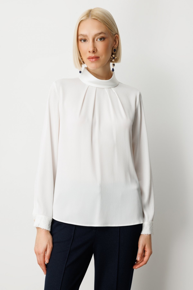 Ekol Kadın Önü Pileli Dantel Detaylı Bluz 3059 Ekru Ekru