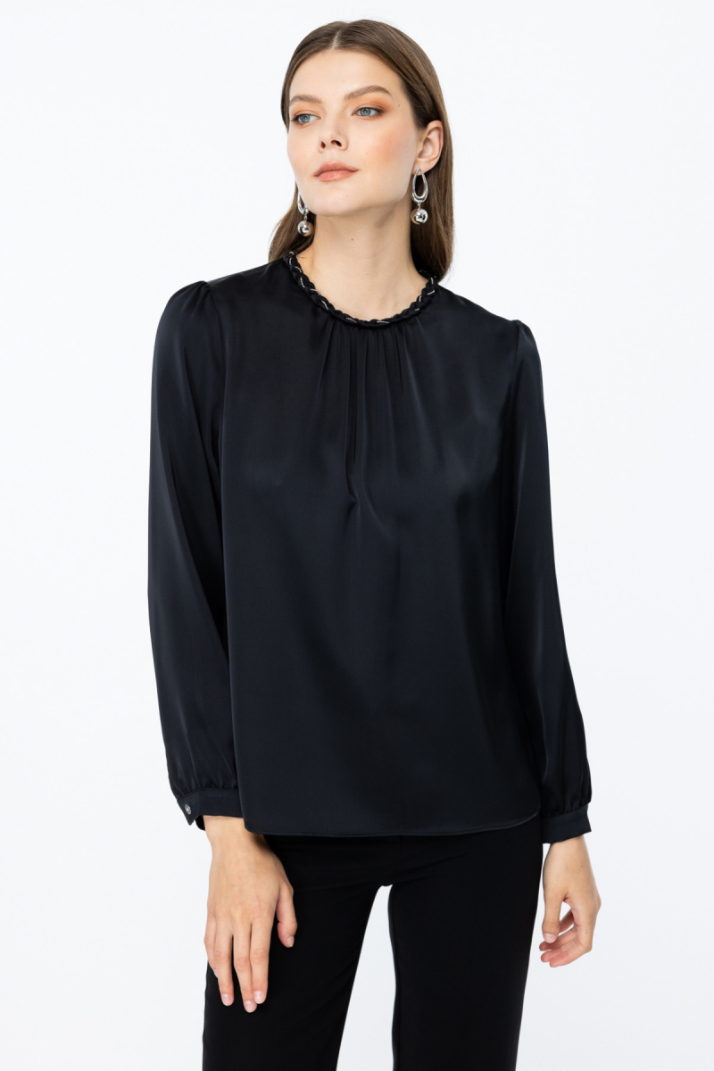 Ekol Kadın Örgülü Saten Bluz 2003 Siyah Siyah