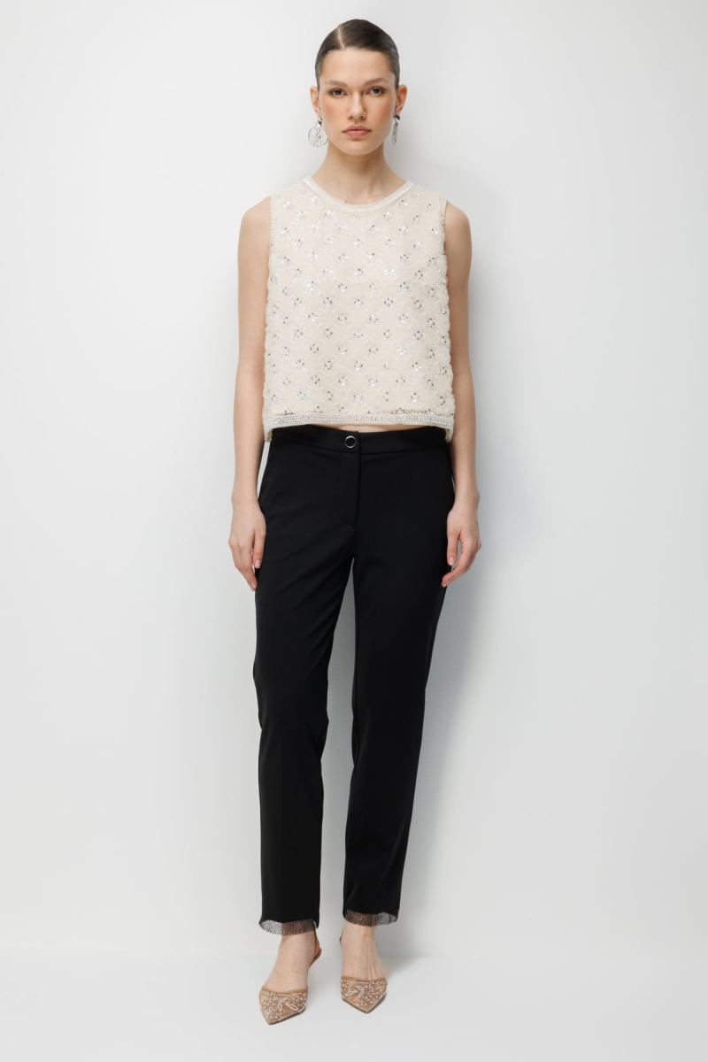 Ekol Kadın Paçası Taş İşlemeli Yan Cepli Pantolon 4104 Siyah Siyah