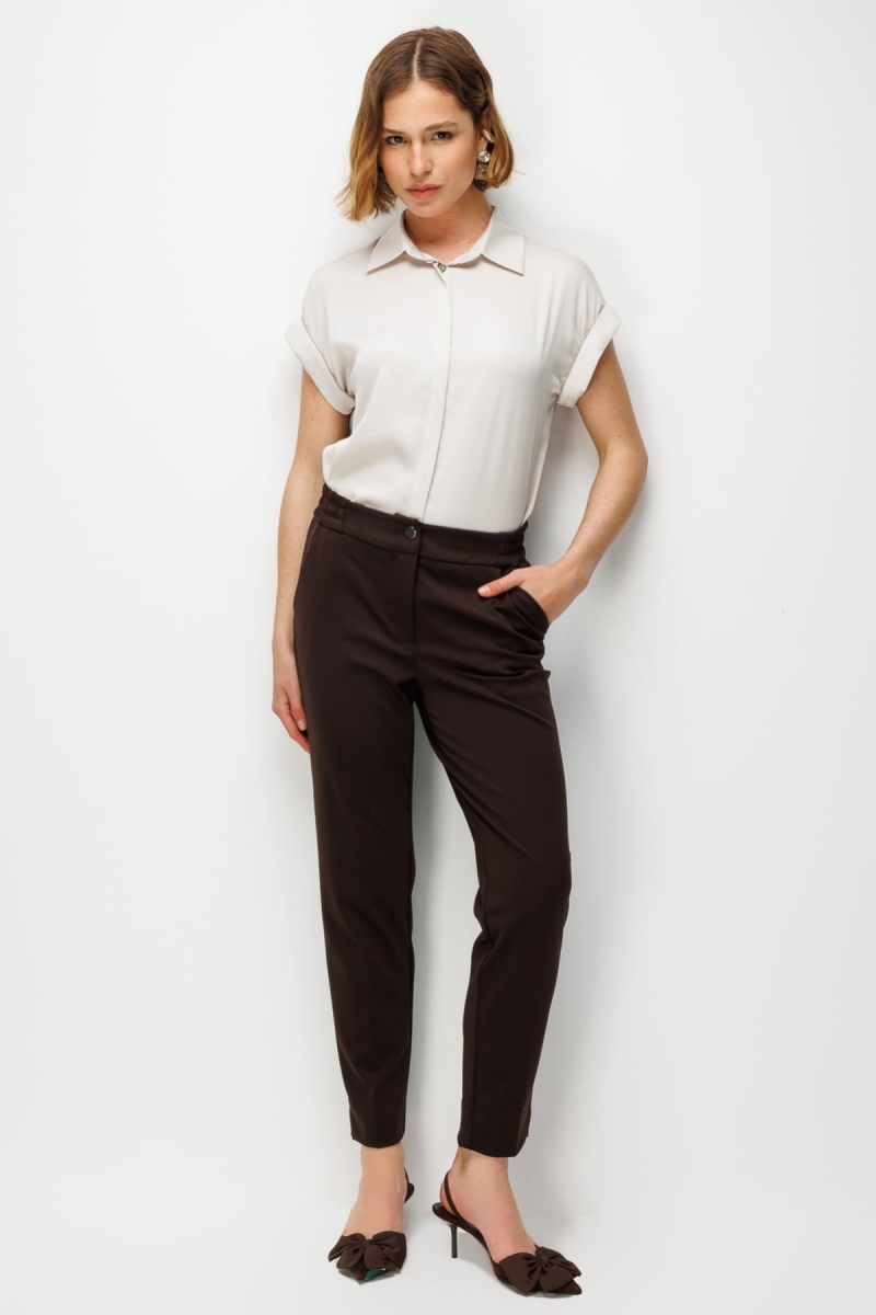 Ekol Kadın Paçası Yırtmaç Detaylı Yan Cepli Pantolon 4108 Kahverengi Kahverengi