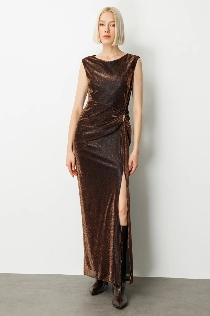 Ekol Kadın Parlak Kumaş Maxi Boy Abiye Elbise 5092 Bakır Bakır