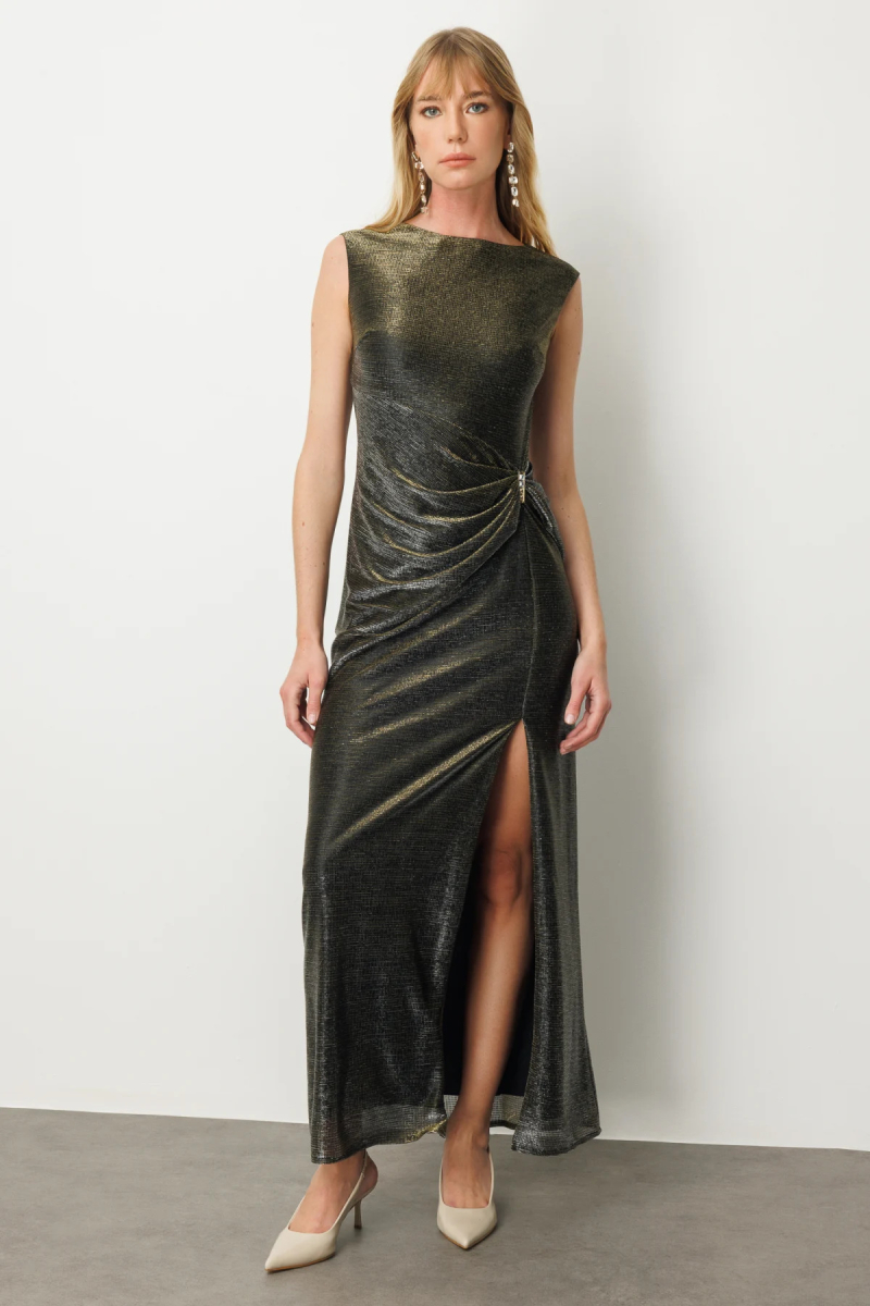 Ekol Kadın Parlak Kumaş Maxi Boy Abiye Elbise 5092 Vizon Vizon