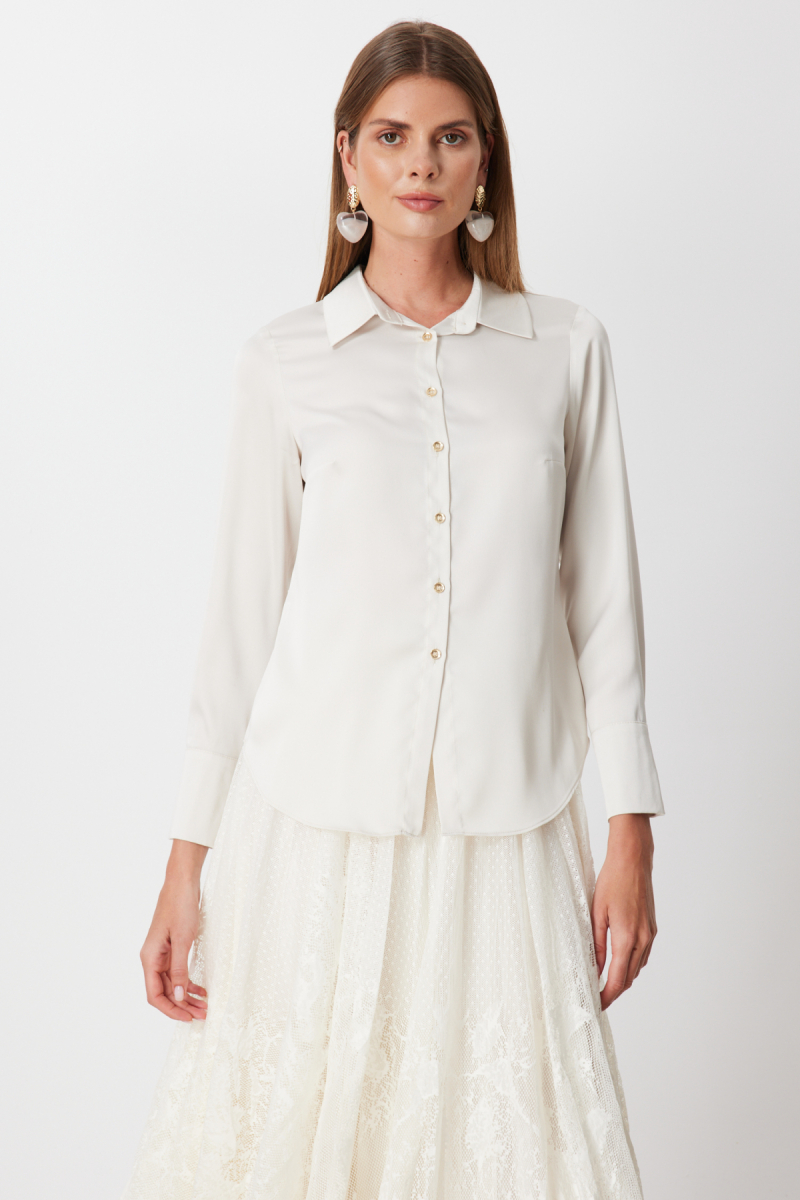 Ekol Kadın Pens Detaylı Polo Yaka Gömlek 2002 İnci İNCİ