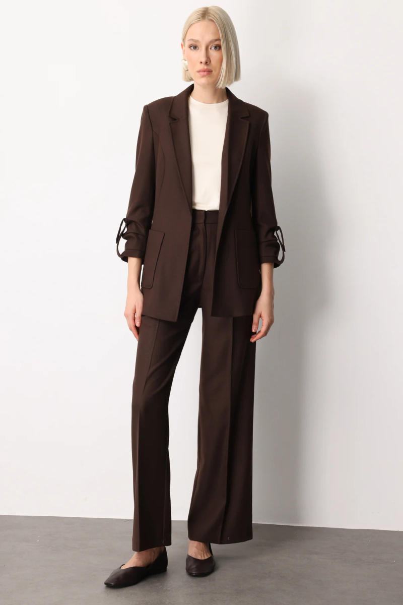 Ekol Kadın Pile Detaylı Bol Paça Pantolon 5059 Kahverengi Kahverengi