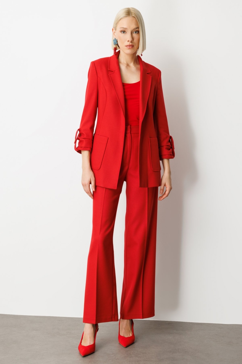 Ekol Kadın Pile Detaylı Bol Paça Pantolon 5059 Kırmızı Kırmızı