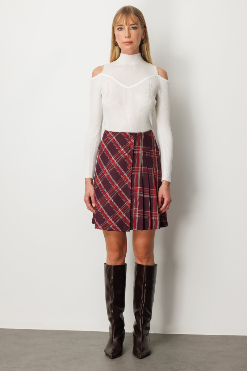 Ekol Kadın Pilise Detaylı Mini Etek 2049 Bordo Bordo