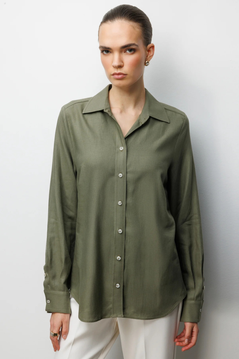 Ekol Kadın Polo Yaka Keten Gömlek 2026 Haki Haki