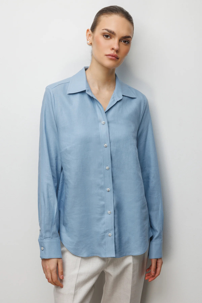 Ekol Kadın Polo Yaka Keten Gömlek 2026 Mavi Mavi