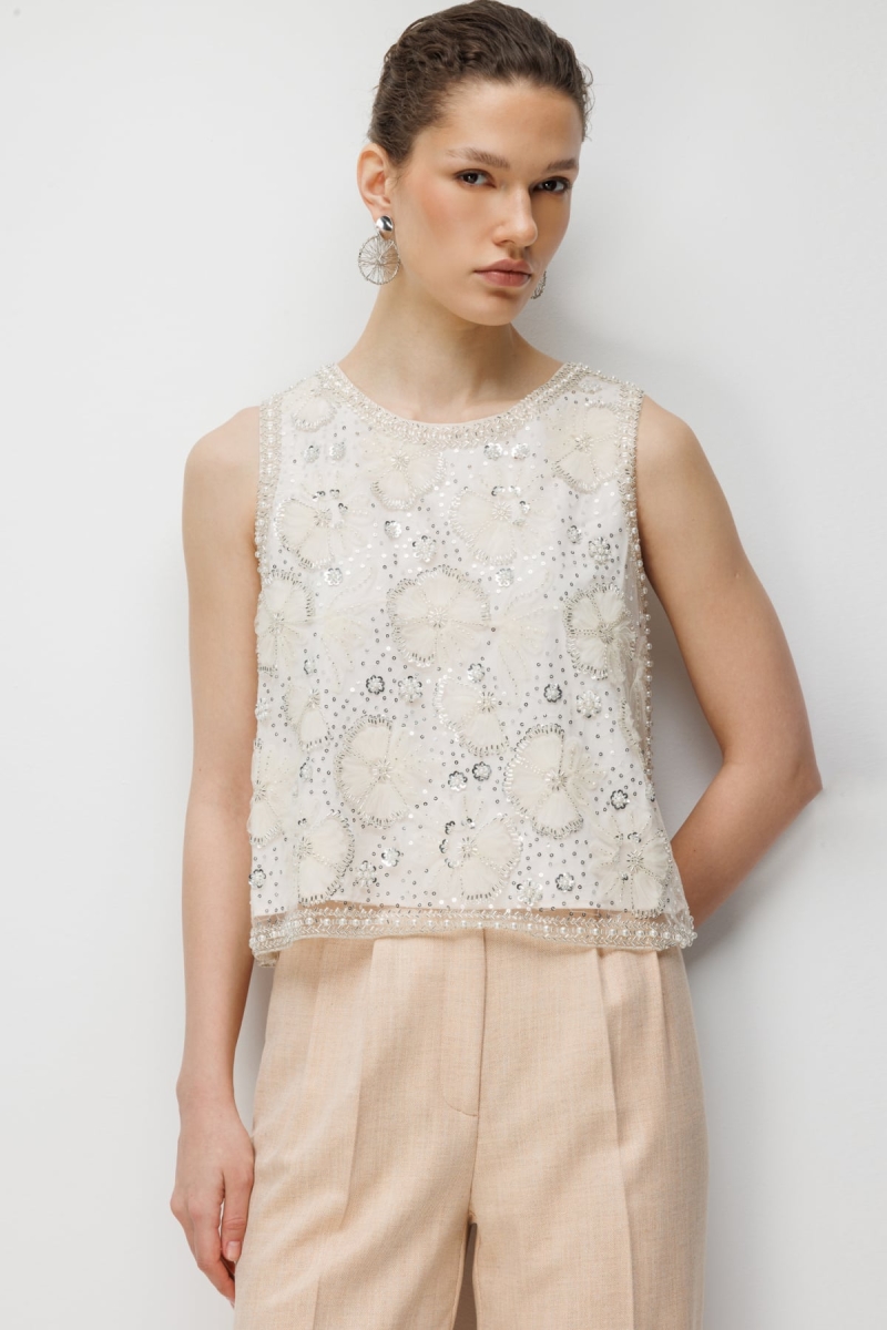 Ekol Kadın Pullu Taş İşlemeli Bluz 2856 Ekru Ekru