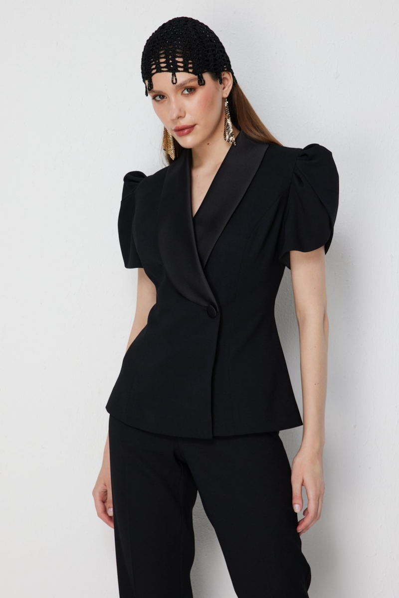 Ekol Kadın Saten Detaylı Balon Kollu Ceket 1156 Siyah Siyah