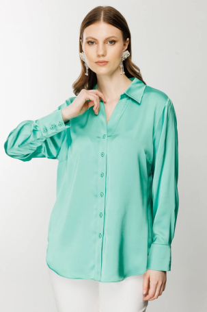 Ekol Kadın Saten Görünümlü Gömlek 1502 Yeşil Yeşil