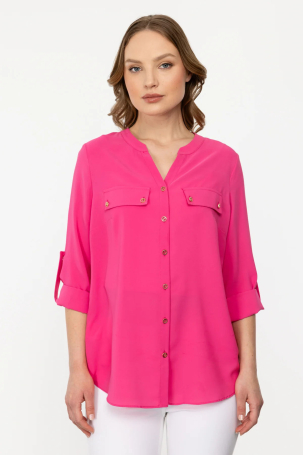Ekol Kadın Sıfır Yaka Düğmeli Uzun Kollu Bluz 1034 Pink PİNK