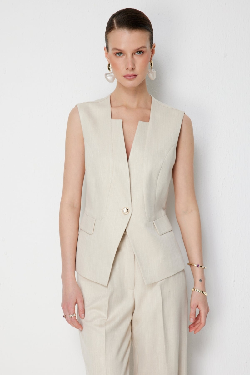 Ekol Kadın Simli Kumaş Süs Cep Detaylı Yelek 1072 Gold GOLD