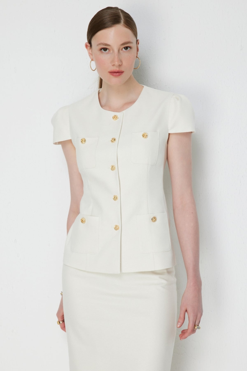 Ekol Kadın Süs Cepli Kısa Kollu Ceket 1038 Ekru Ekru