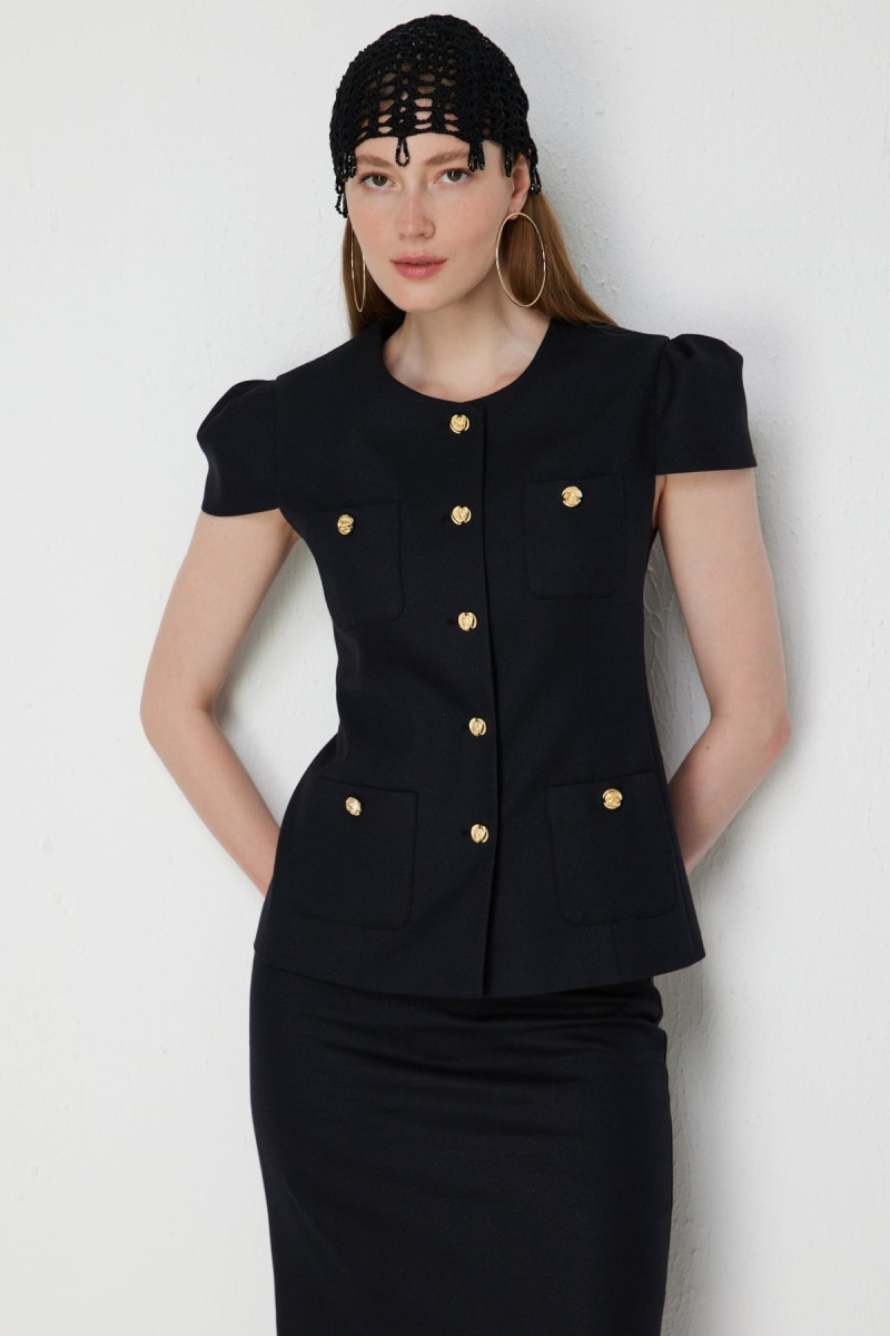 Ekol Kadın Süs Cepli Kısa Kollu Ceket 1038 Siyah Siyah