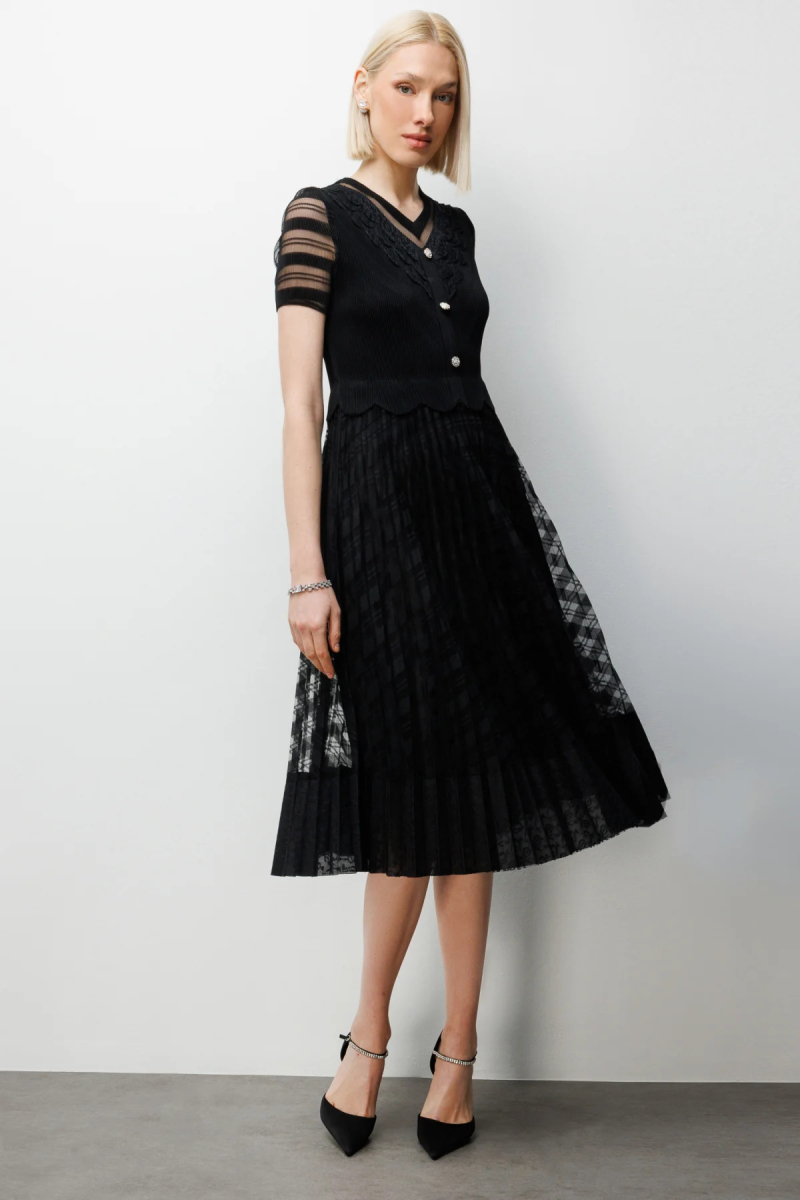 Ekol Kadın Süs Düğmeli Akordiyon Kumaş Elbise 6920 Siyah Siyah