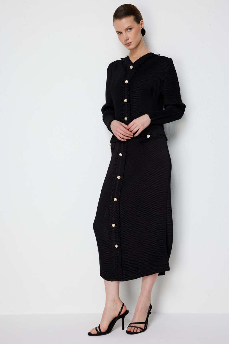 Ekol Kadın Süs Düğmeli Akordiyon Kumaş Midi Etek 2408 Siyah Siyah