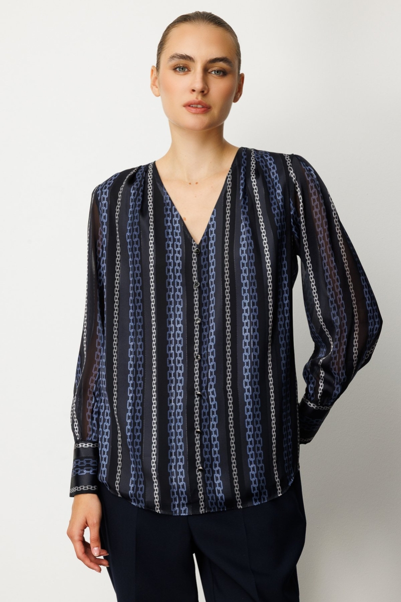 Ekol Kadın Süs Düğmeli Desenli Bluz 3063 Lacivert Lacivert