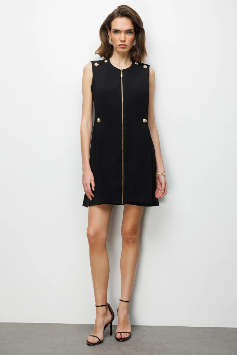 Ekol Kadın Süs Düğmeli Fermuarlı Midi Elbise 6004 Siyah Siyah