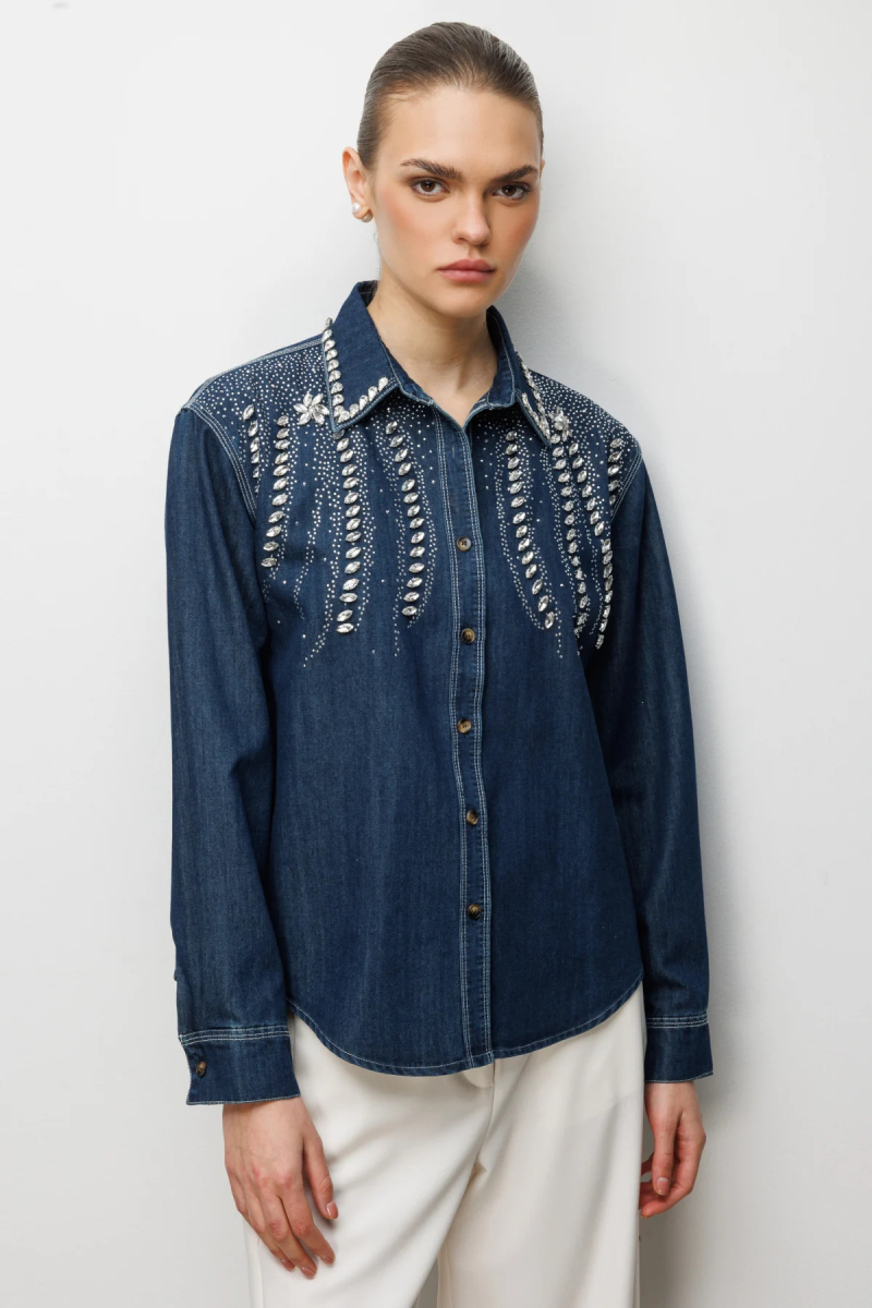 Ekol Kadın Taş İşlemeli Denim Görünümlü Gömlek 2910 Indigo Indigo