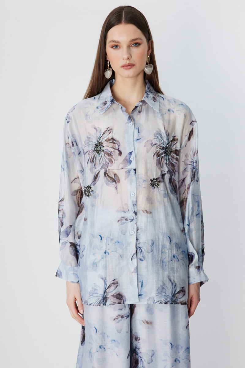 Ekol Kadın Taş İşlemeli Desenli Gömlek 2906 Blue BLUE