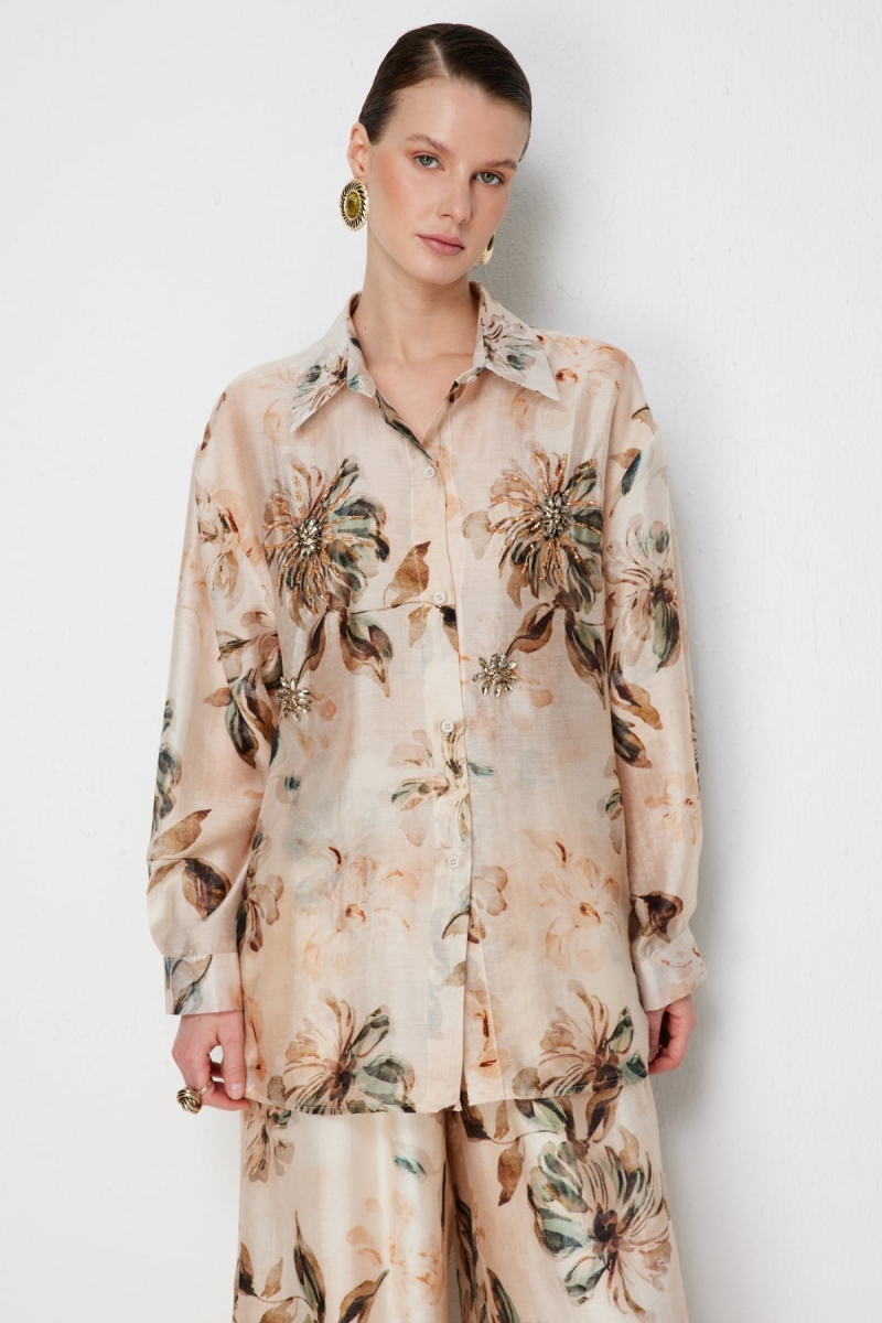 Ekol Kadın Taş İşlemeli Desenli Gömlek 2906 Naturel NATUREL