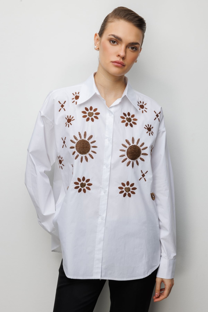 Ekol Kadın Taş İşlemeli Desenli Pamuk Gömlek 2820 Beyaz Beyaz