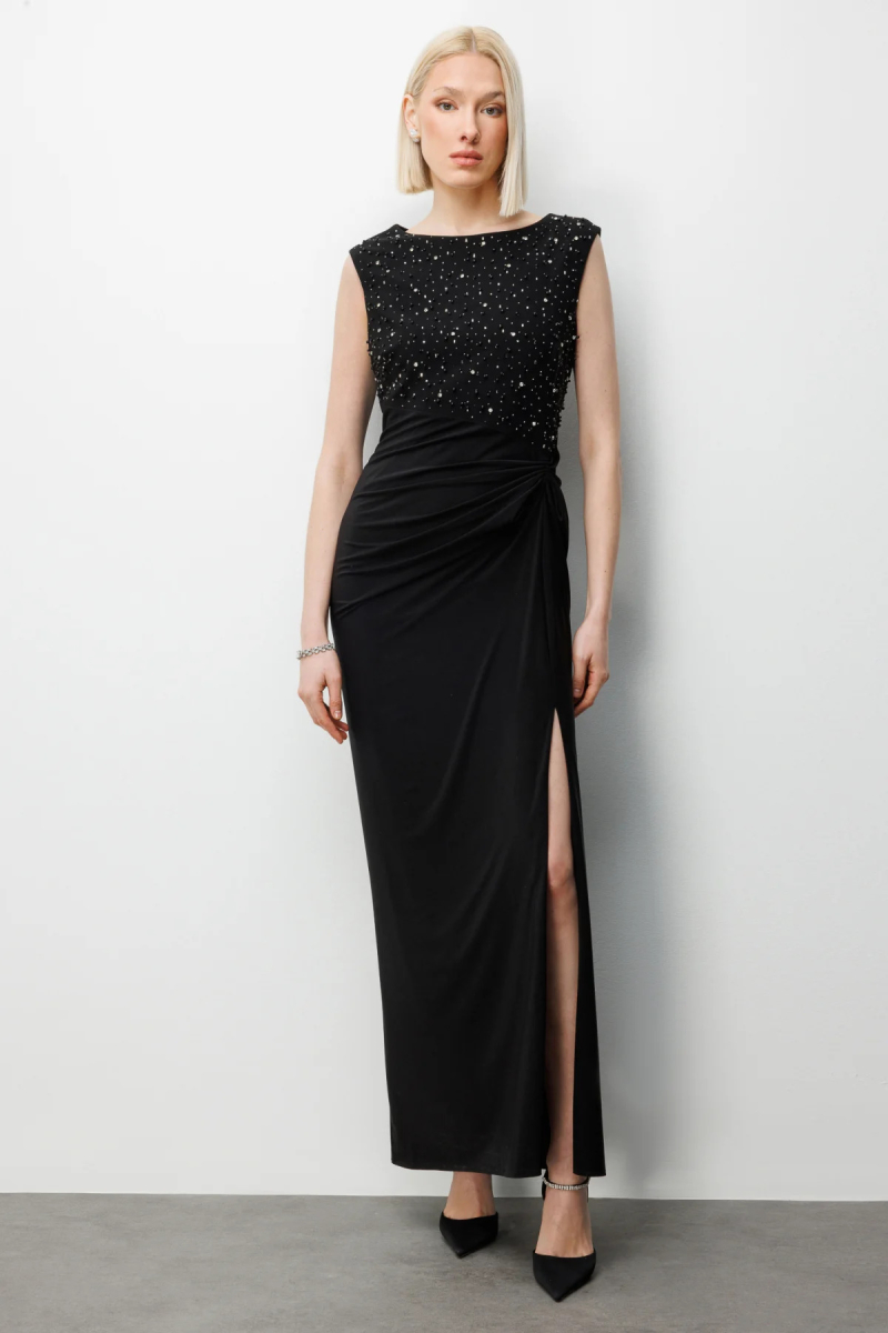 Ekol Kadın Taş İşlemeli Yırtmaç Detaylı Maxi Abiye Elbise 6100 Siyah Siyah
