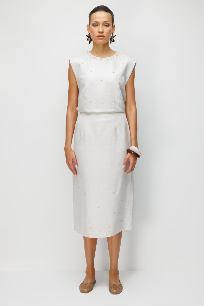 Ekol Kadın Taş İşlemeli Yırtmaçlı Midi Etek 2424 Naturel NATUREL