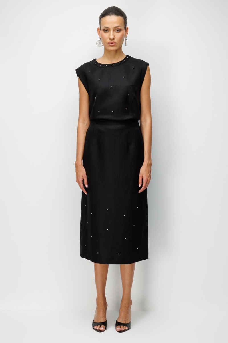 Ekol Kadın Taş İşlemeli Yırtmaçlı Midi Etek 2424 Siyah Siyah