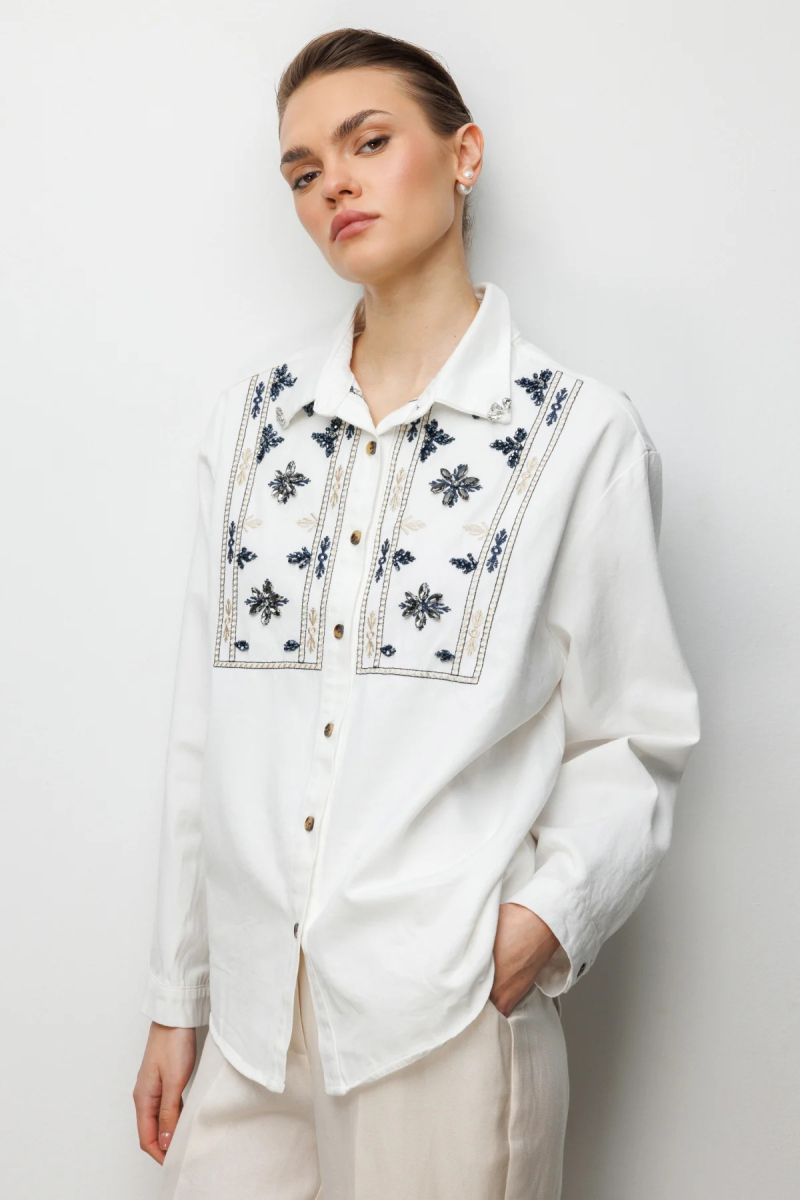 Ekol Kadın Taşlı Desen İşlemeli Pamuklu Gömlek 2914 Ekru Ekru