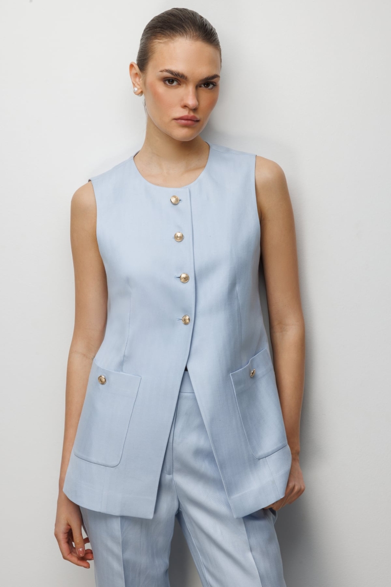 Ekol Kadın Torba Cepli Sıfır Yaka Yelek 1022 Mavi Mavi