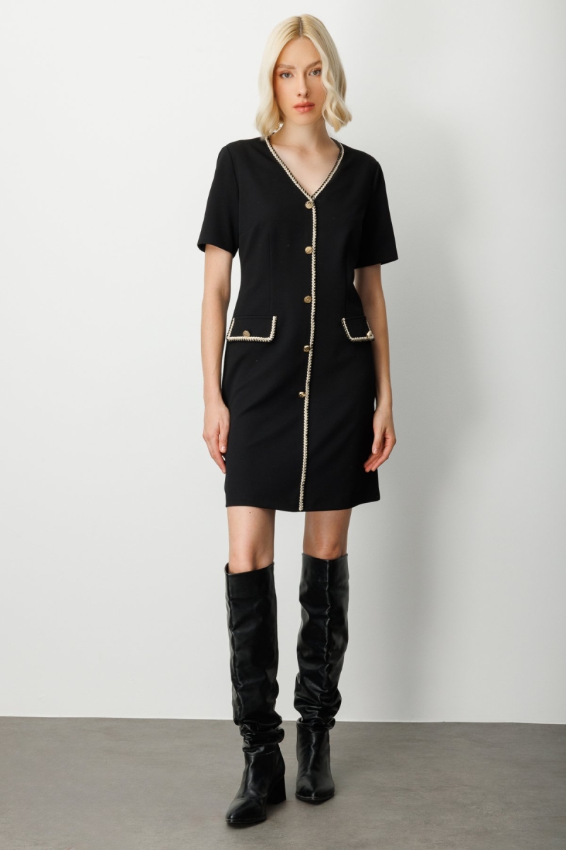 Ekol Kadın V Yaka Biyeli Midi Elbise 4021 Siyah Siyah