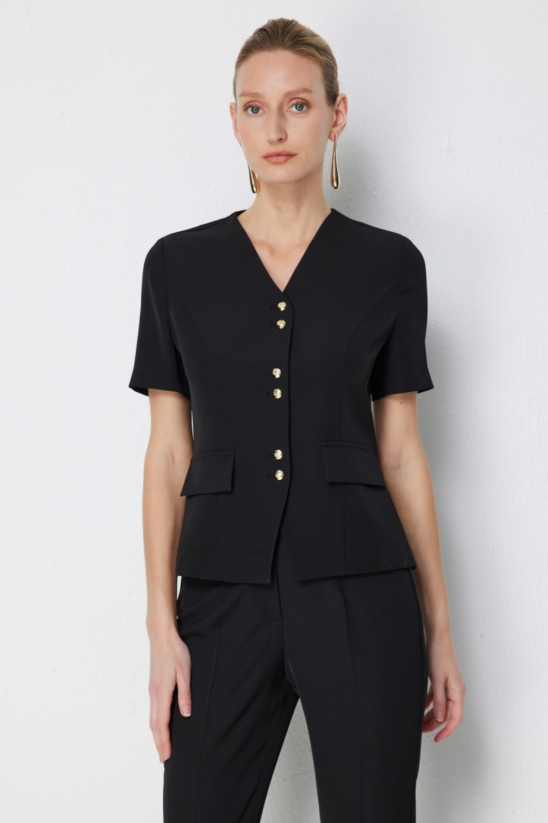 Ekol Kadın V Yaka Kısa Kollu Ceket 1128 Siyah Siyah