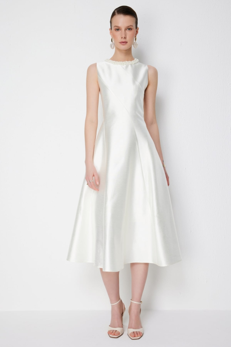 Ekol Kadın Yakası Boncuk İşlemeli Maxi Elbise 6928 Ekru Ekru