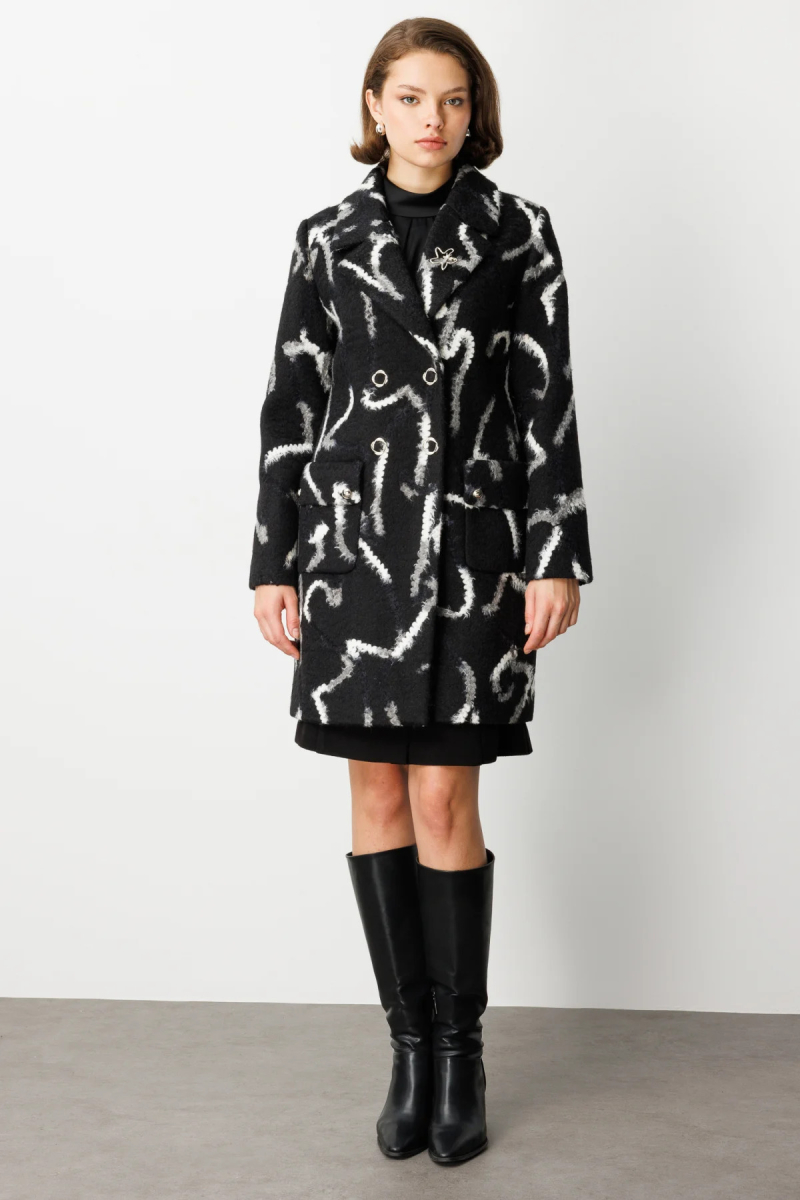 Ekol Kadın Yakası Broşlu Desenli Kaban 6007 Siyah Siyah