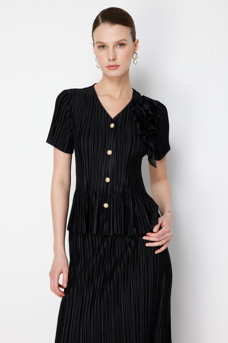 Ekol Kadın Yakası Çiçekli V Yaka Bluz 2882 Siyah Siyah