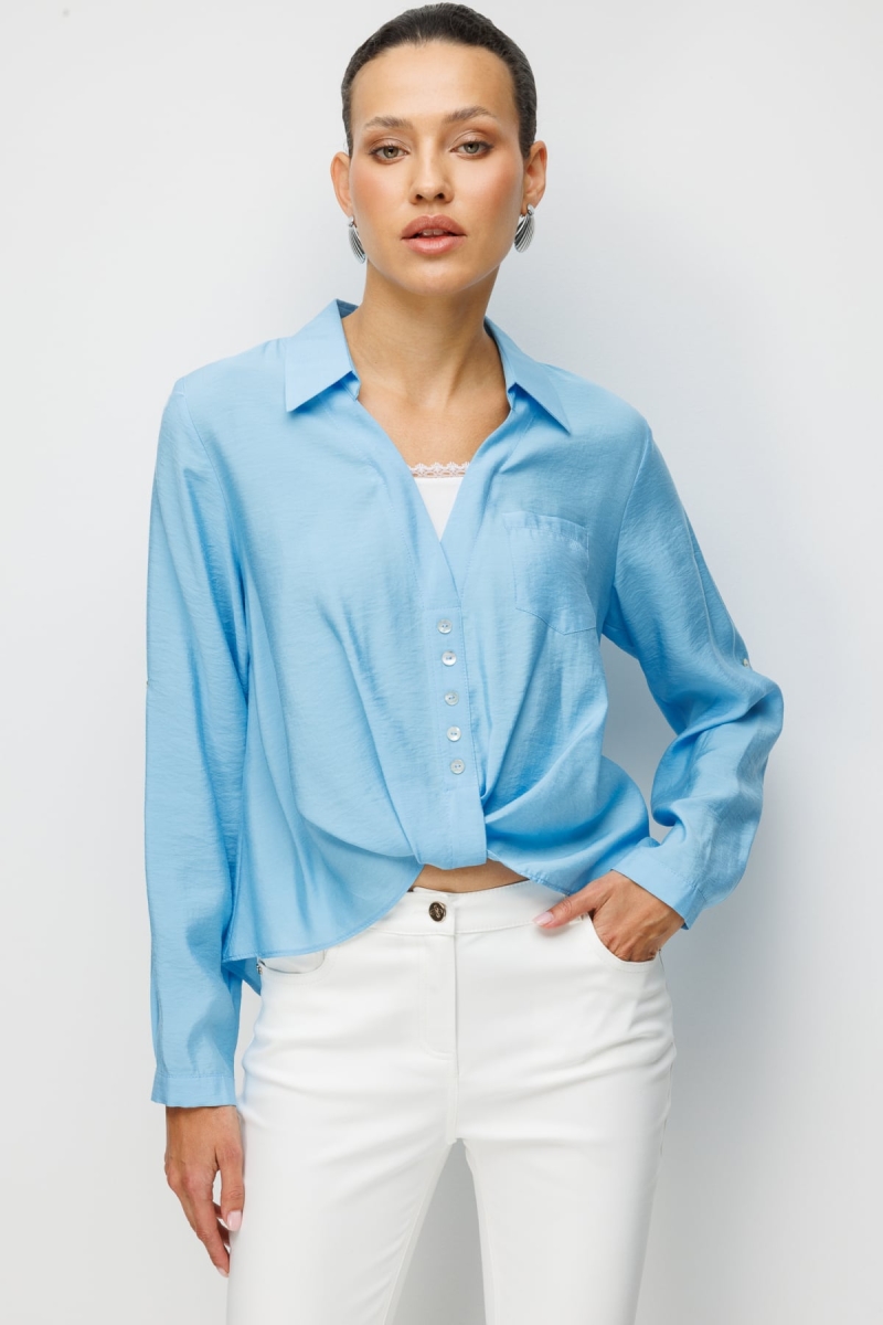 Ekol Kadın Yakası Dantel Detaylı Büzgülü Bluz 2084 Mavi Mavi