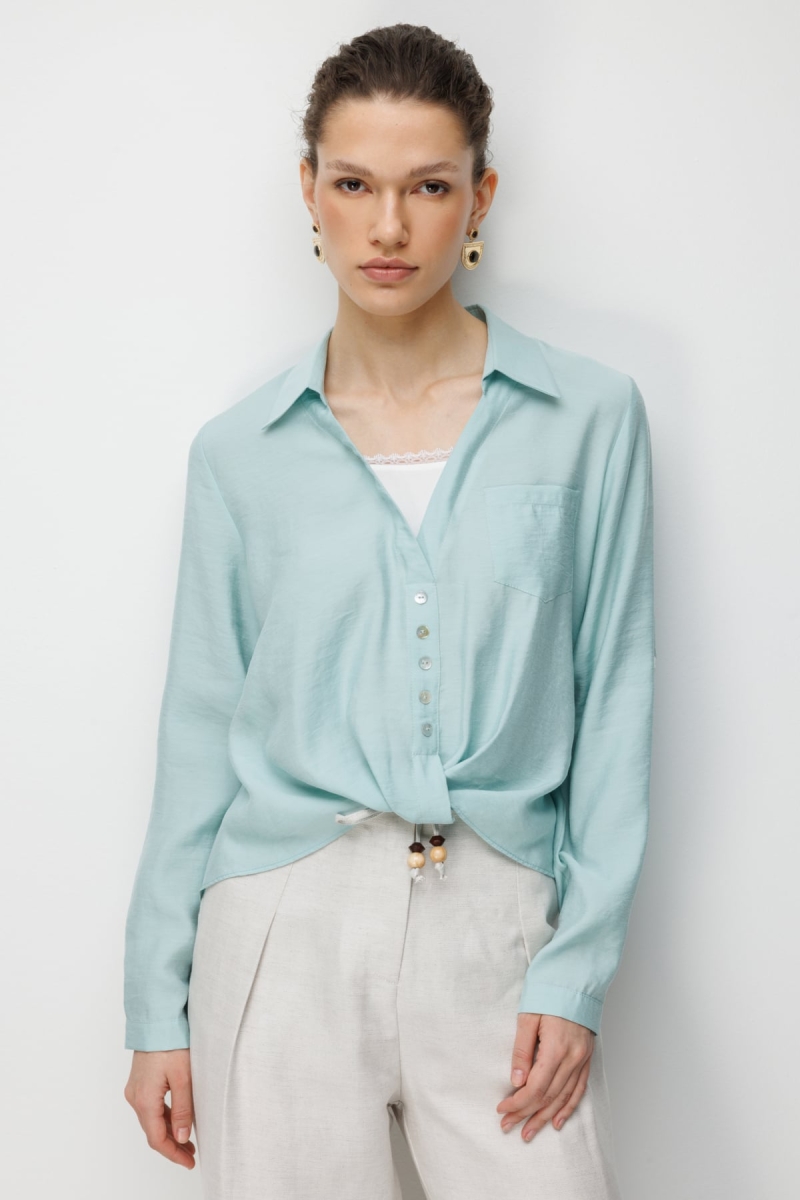 Ekol Kadın Yakası Dantel Detaylı Büzgülü Bluz 2084 Mint Mint