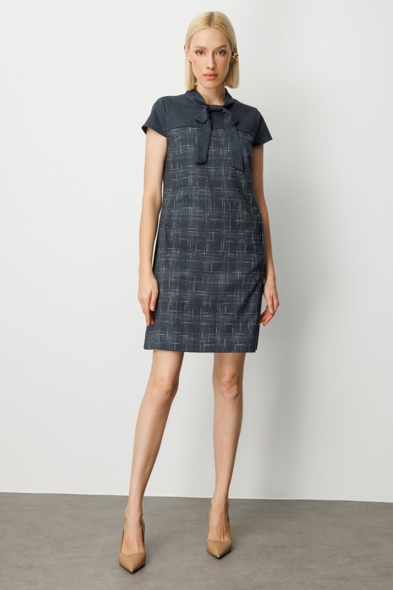 Ekol Kadın Yakası Fiyonk Detaylı Desenli Elbise 4019 Lacivert Lacivert