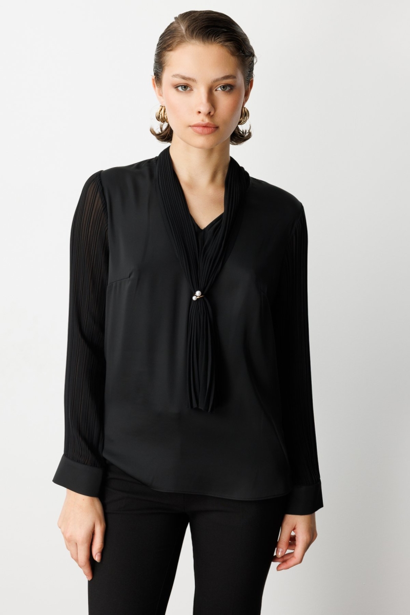 Ekol Kadın Yakası Fularlı Broş Detaylı Bluz 3021 Siyah Siyah