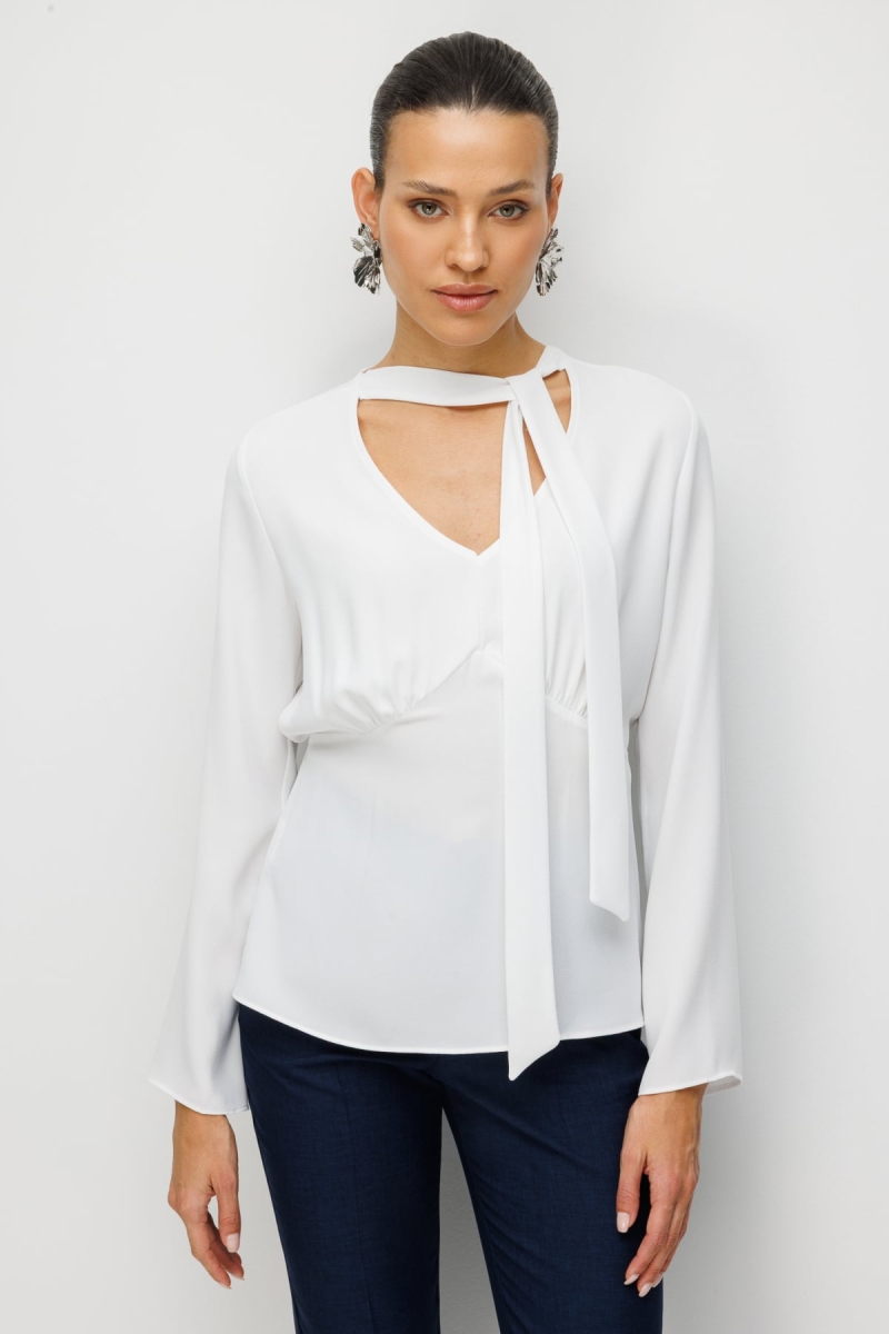 Ekol Kadın Yakası Fularlı Dikiş Detaylı Bluz 2036 Ekru Ekru