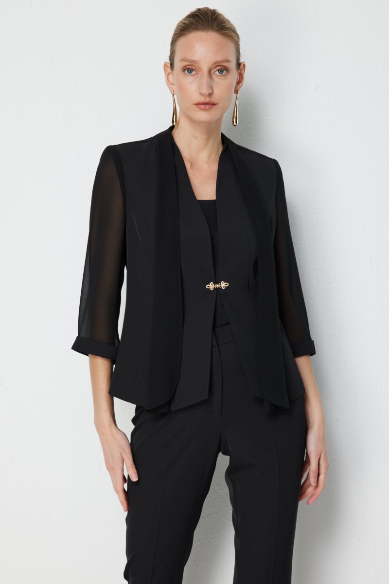 Ekol Kadın Yakası Fularlı Yarım Kol Ceket 1138 Siyah Siyah