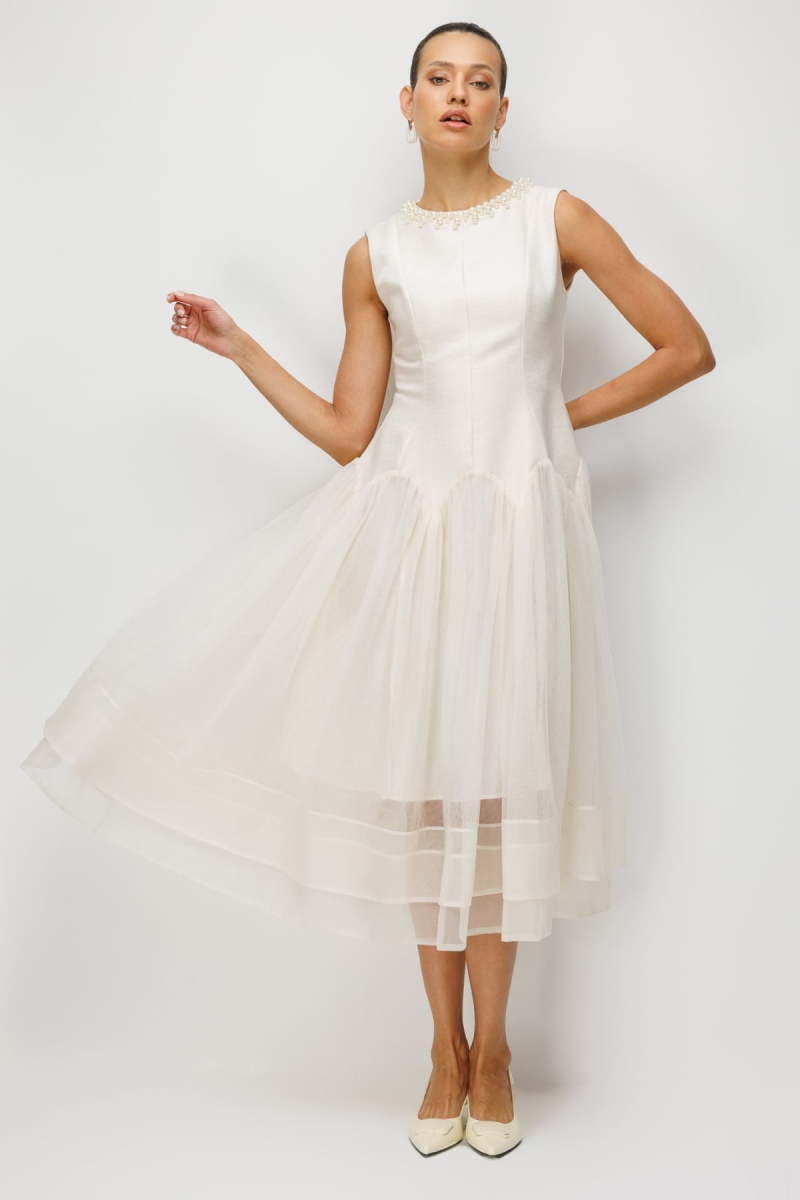 Ekol Kadın Yakası İncili Eteği Tül Maxi Elbise 6910 Ekru Ekru