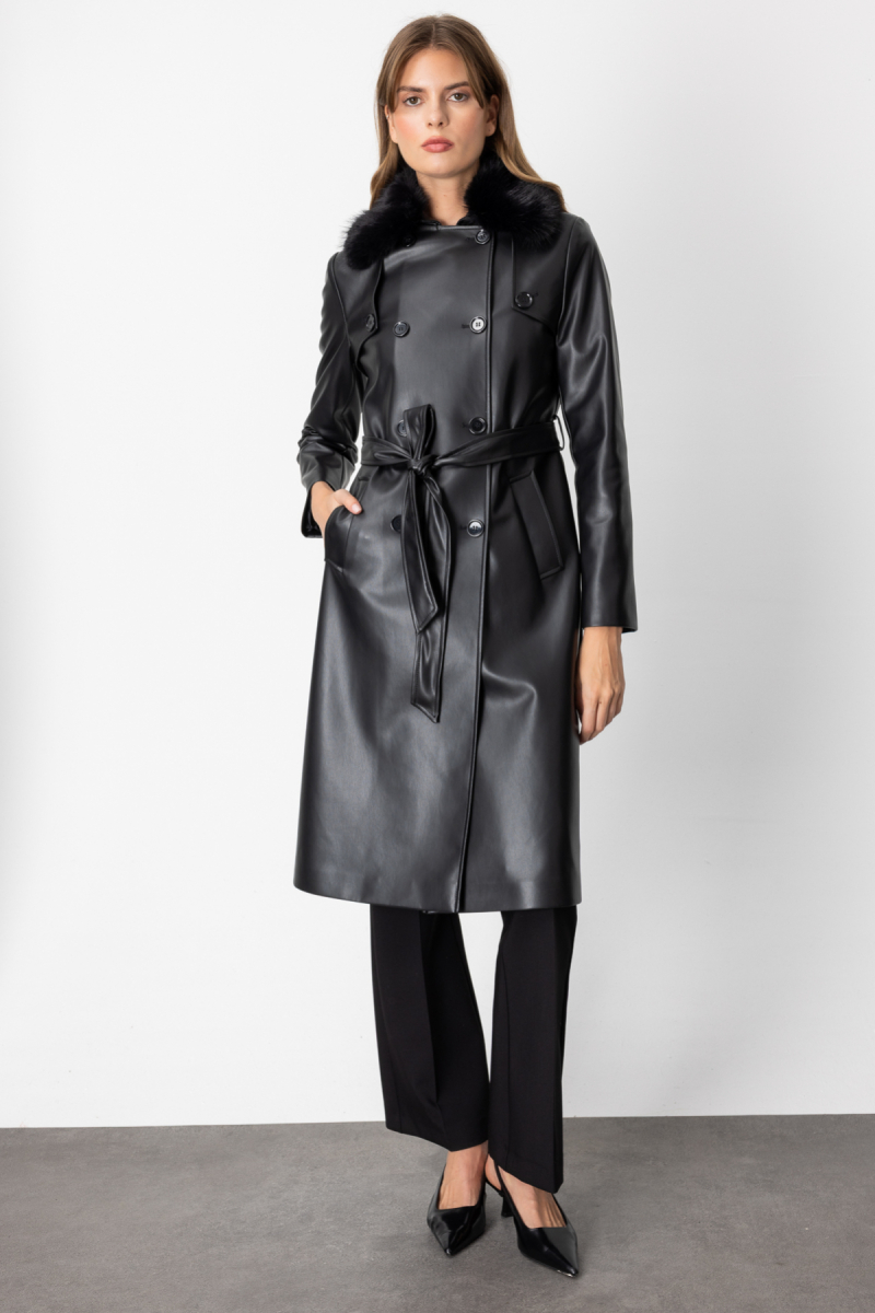 Ekol Kadın Yakası Kürklü Deri Trençkot 3013 Siyah Siyah